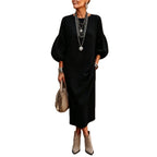 Womens Knitted Mid-Length Dress With Bubble Sleeves