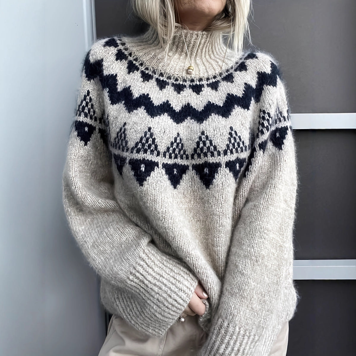 Womens Retro Pullover Knitted Jacquard Sweater