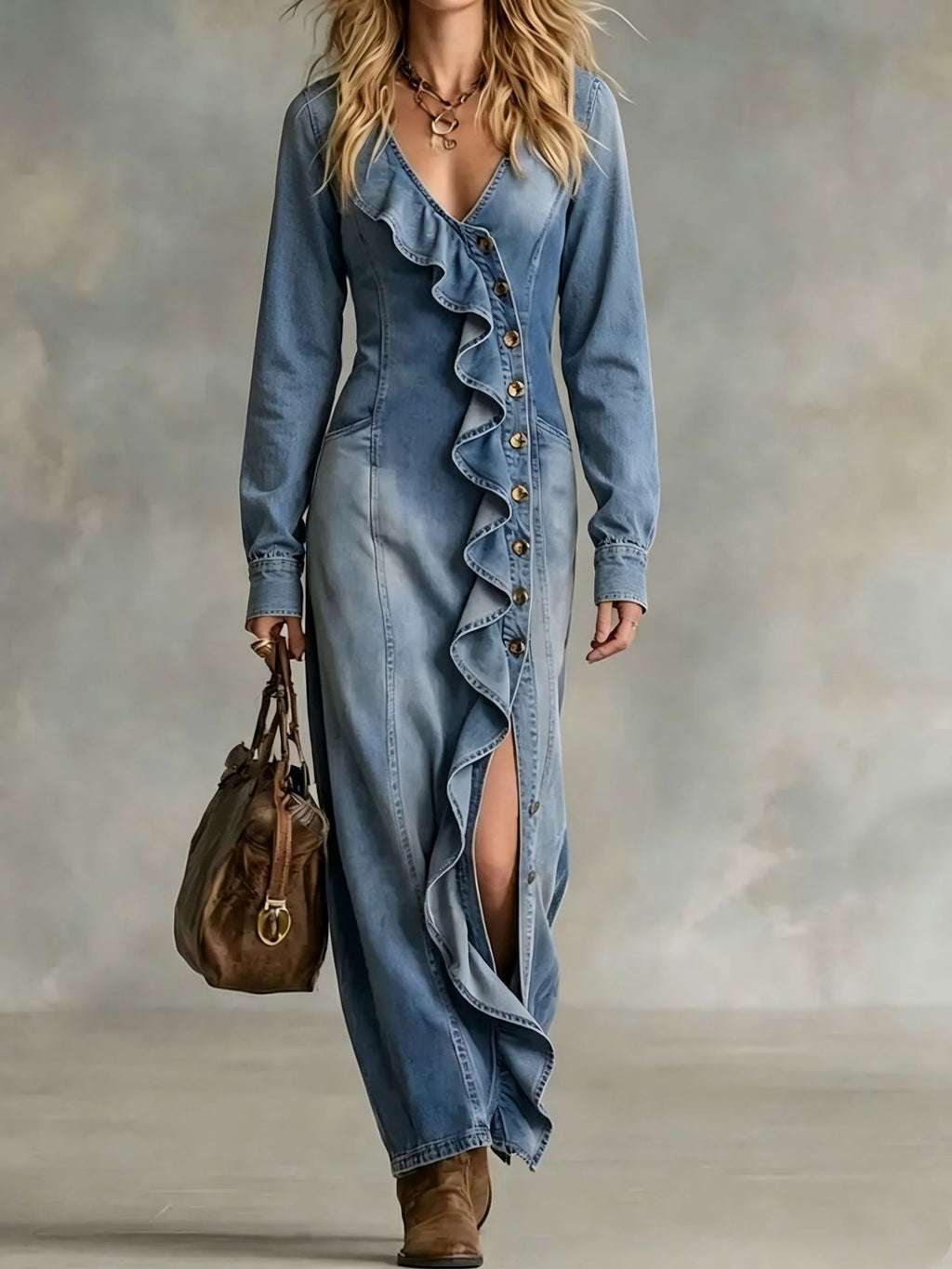 Fashionable Unisex-style Long-sleeve V-neck Split Dress