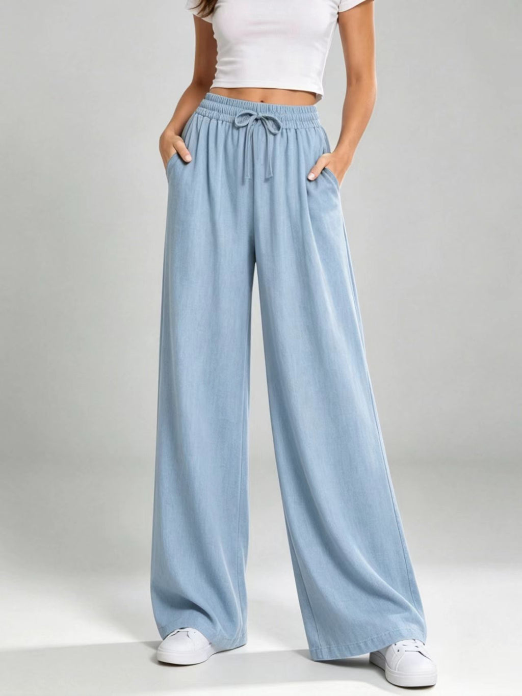 New European And American Style Drawstring Elastic Waist Loose Casual Solid Color Drapey Straight Wide-leg Long Pants For Women