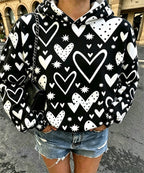 Women Heart Star Print Oversized Hoodie, Long Sleeve Casual Pullover Sweatshirt