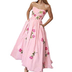 New Summer Women's Clothing European And American Style Printed Dress Elegant High-Waisted Flared Strapless Gown Long Dress