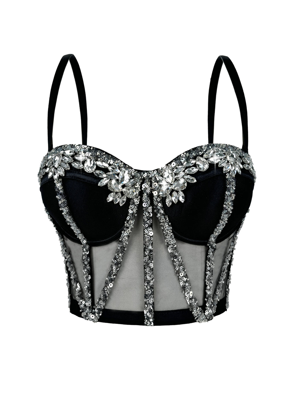Cross-Border Rhinestone Mesh Fishbone Bra Semi-Transparent Sexy Slimming Suspender Tube Top Slimming Diamond Fishbone Top Stage