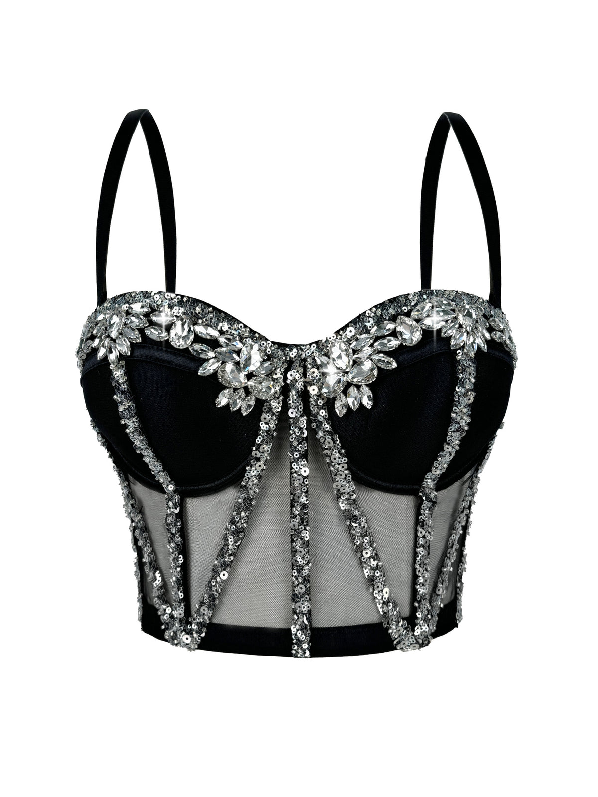 Cross-Border Rhinestone Mesh Fishbone Bra Semi-Transparent Sexy Slimming Suspender Tube Top Slimming Diamond Fishbone Top Stage