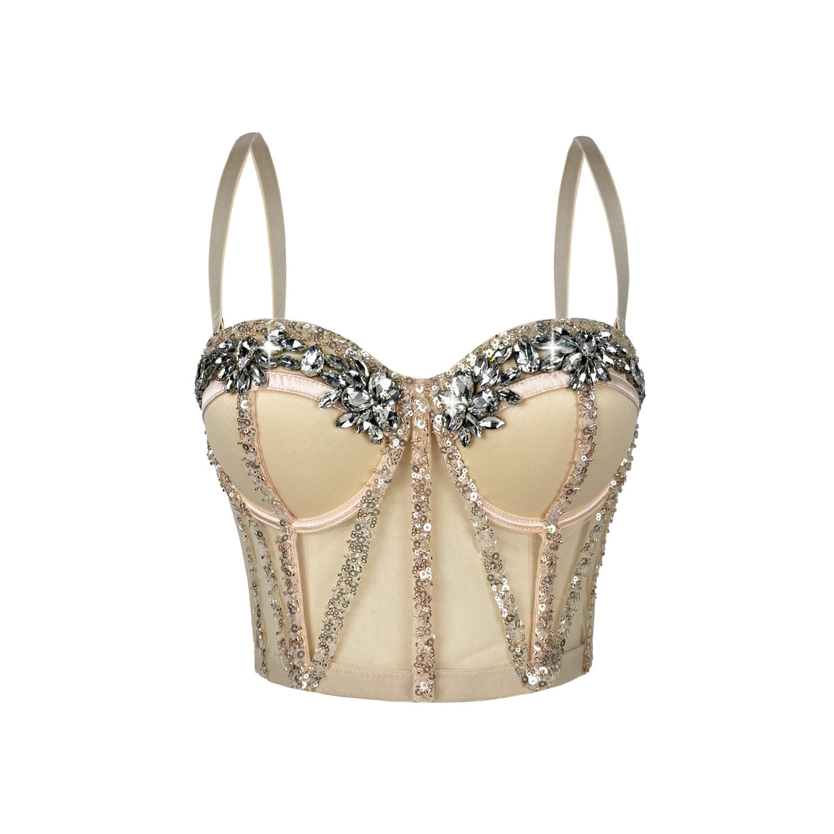 Cross-Border Rhinestone Mesh Fishbone Bra Semi-Transparent Sexy Slimming Suspender Tube Top Slimming Diamond Fishbone Top Stage