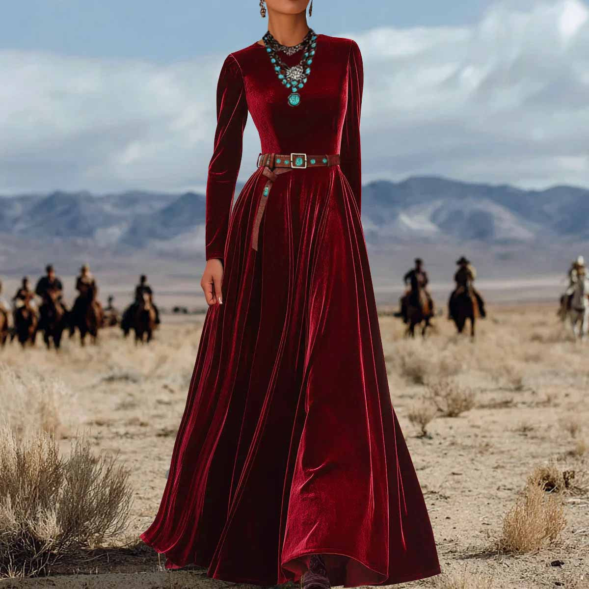 Women's Solid Color Elegant AutumnWinter Long-Sleeve Velvet Dress