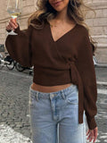 European And American Style Cross V-Neck Knitted Sweater, Autumn And Winter Irregular Tie Elegant Short Top For Women