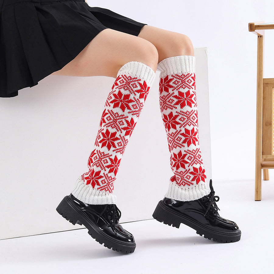 Girls Women Snowflake Print Autumn Winter Lady Knee Length Leggings Thick Warm Female Soft Knitted Boot Socks Leg Warmers
