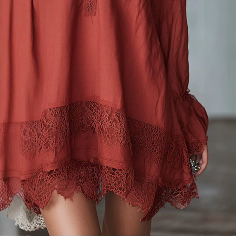 Womens Lace-Trimmed Long-Sleeve Mini Dress
