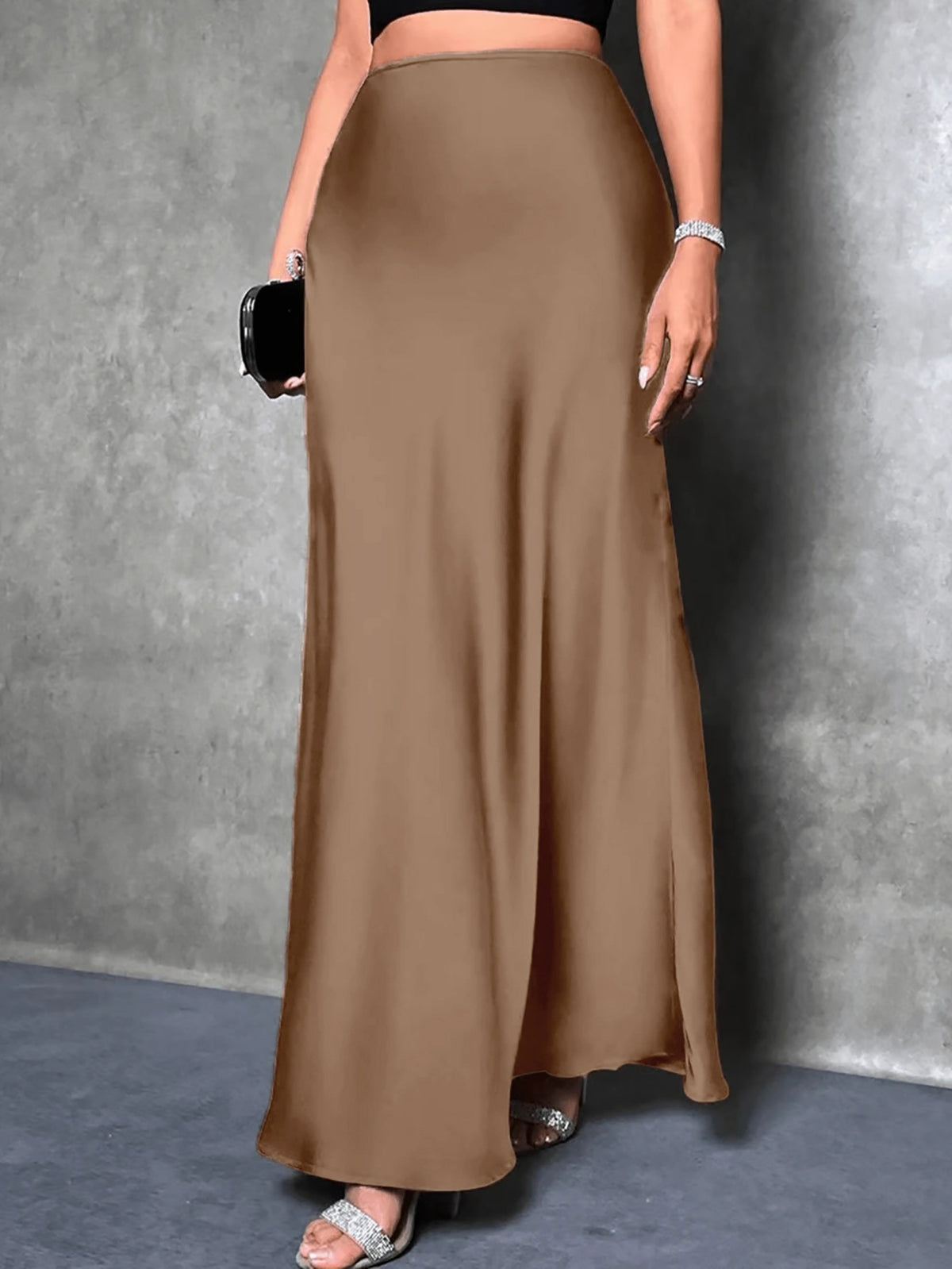 Womens Solid-color High-waisted Satin Skirt