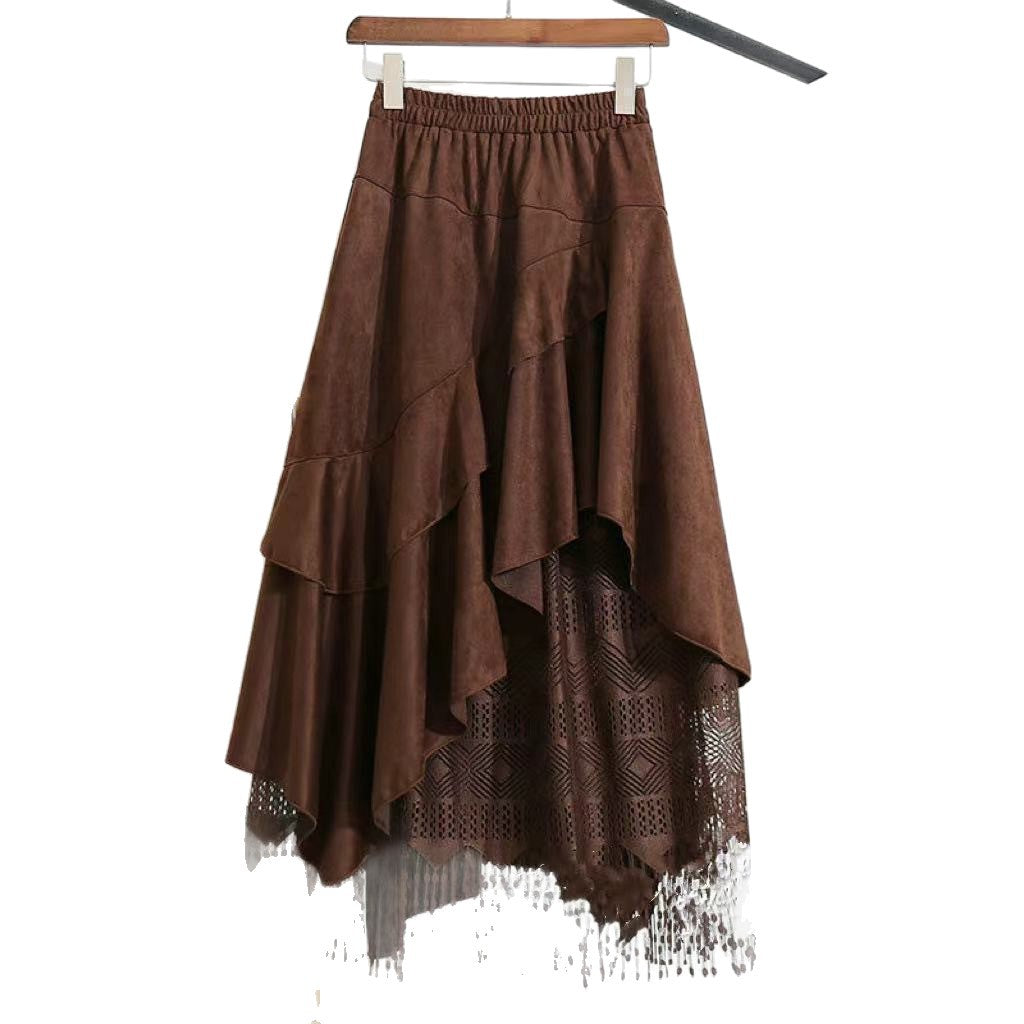 New AutumnWinter Irregular Ruffled Hem Vintage Suede And Lace Patchwork Womens Skirt