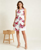 Women Sleeveless A-Line Mini Dress, Black Butterfly & White Rose Print Round Neck Casual Dress