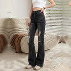 High Waist Distressed Flare Jeans For Women, Faded Black Ripped Stretch Denim Bell Bottom Trousers