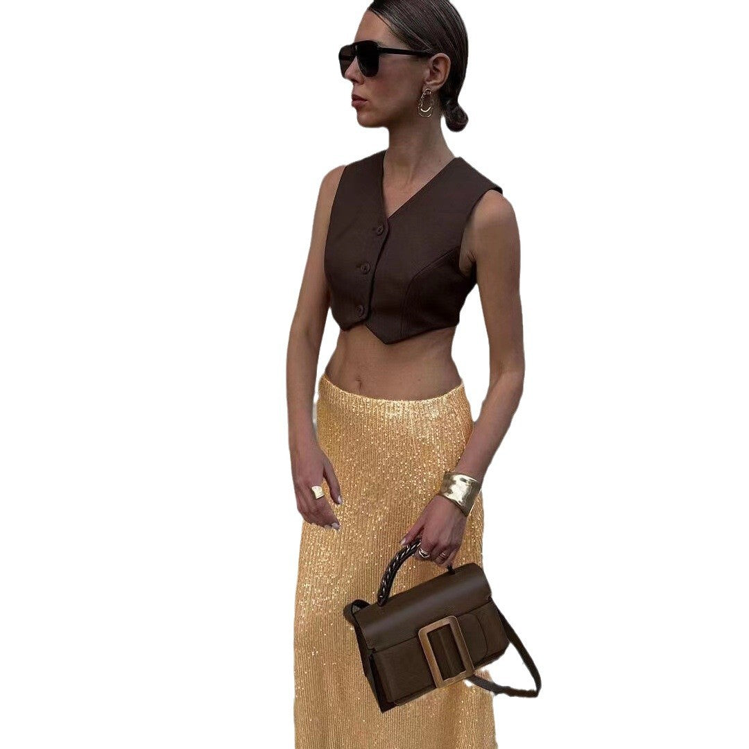 Womens Solid-color Sequined And Beaded Fashion Casual Skirt With A Back Slit