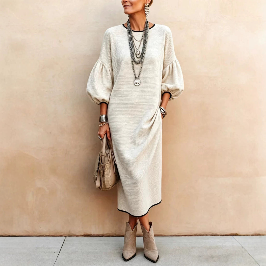 Womens Knitted Mid-Length Dress With Bubble Sleeves