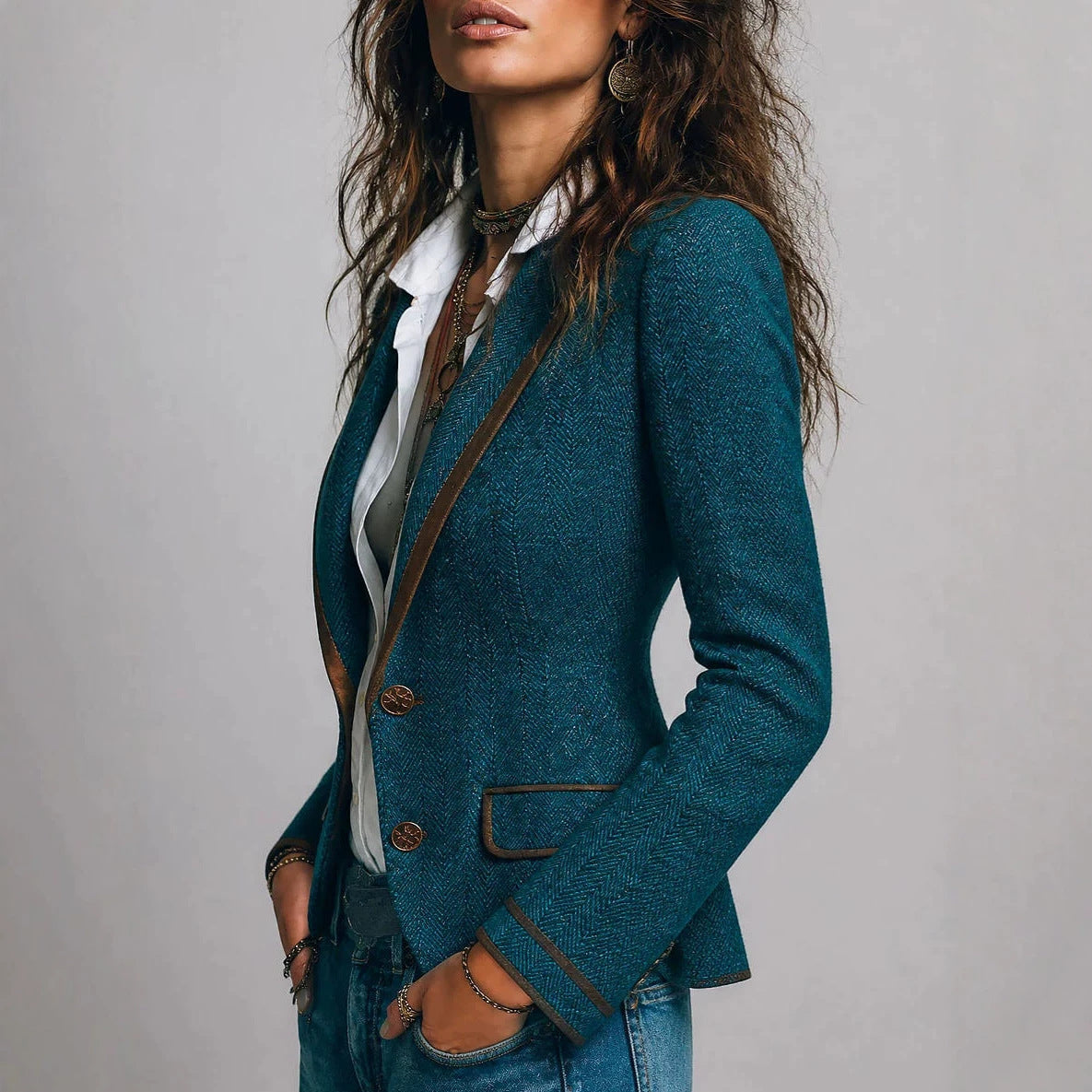 Vintage Contrasting-Color Trim Waist-Cinching Slim-Fit Coat For Women
