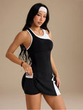 Cross-border Wholesale Color-block Tennis Wear, One-shoulder Beautiful Back Yoga Jumpsuit, Breathable And Sweat-absorbing Sports Fitness Tennis Wear