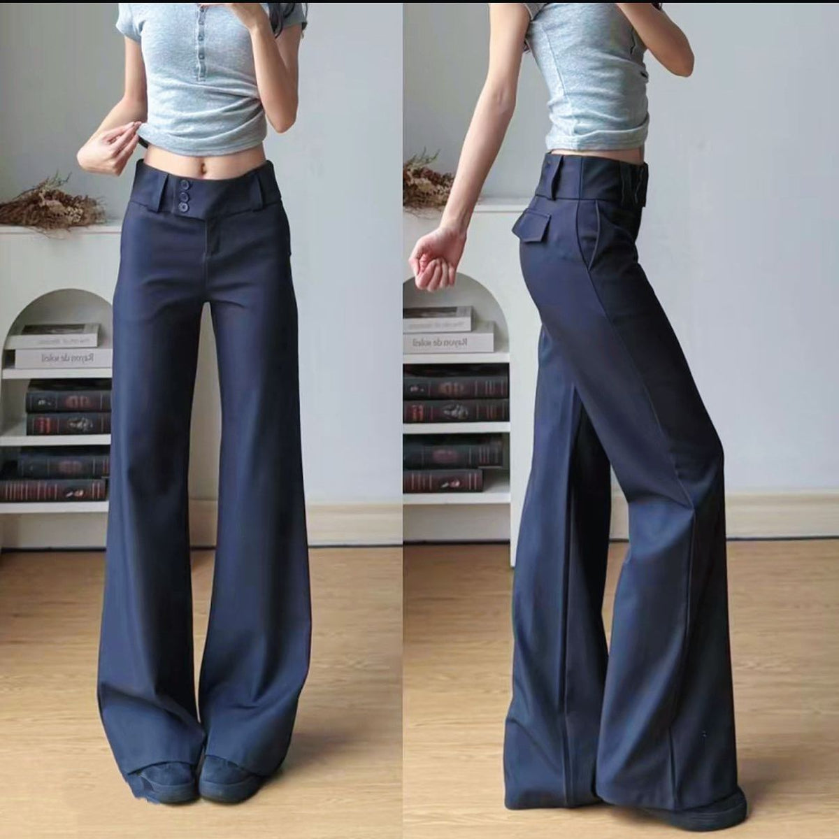 Short-statured Edgy Buttoned Bootcut Suit Pants