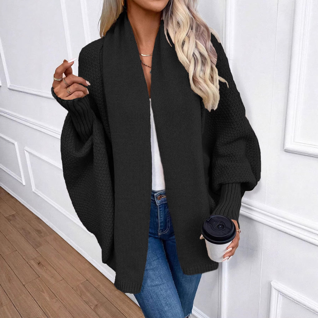 Solid-color, Large Lapel, Loose-fit Knitted Cardigan For Women