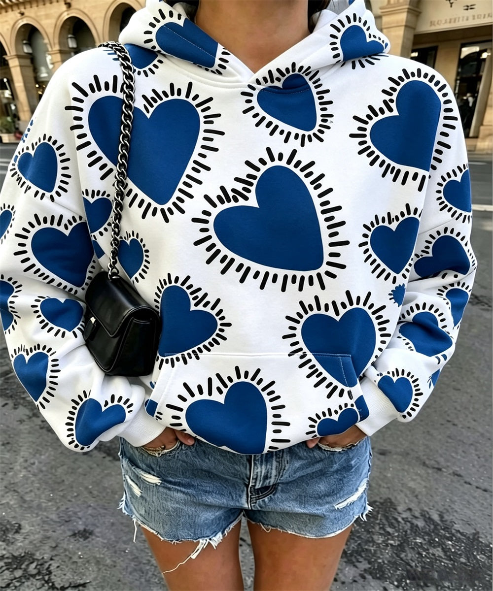 Women Heart Star Print Oversized Hoodie, Long Sleeve Casual Pullover Sweatshirt
