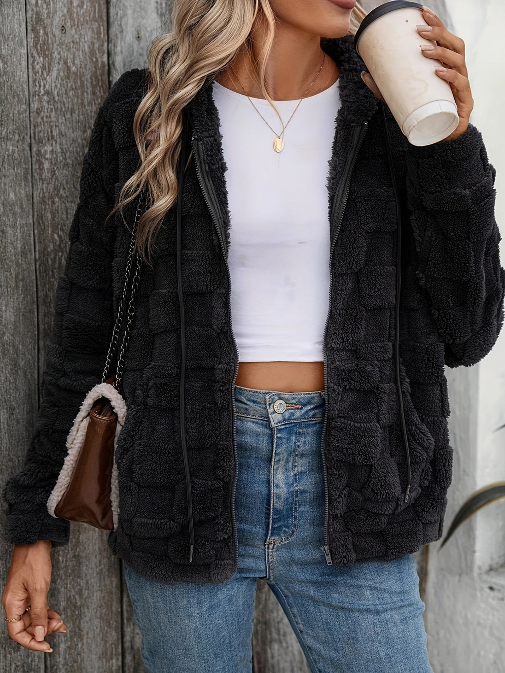 Women's Double-Sided Plush Zip-Up Hooded Cardigan Casual Jacket