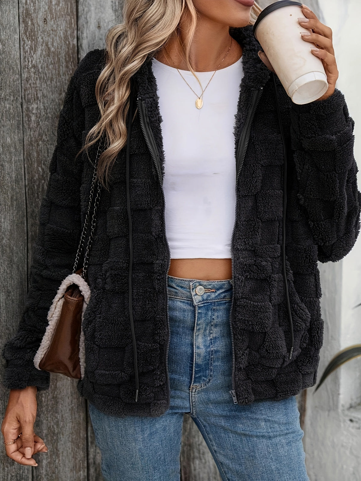 Women's Double-Sided Plush Zip-Up Hooded Cardigan Casual Jacket