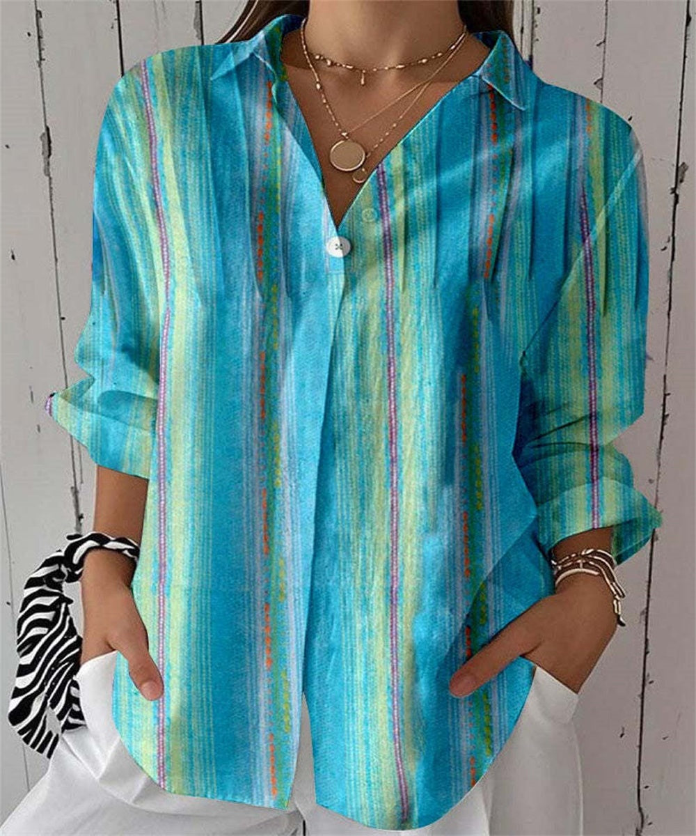 Women Tie Dye Print Button Down Shirt, Long Sleeve Lapel V Neck Casual Blouse