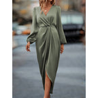 New Style Elegant Cross-Neck Pleated Slit Puff Sleeve Irregular Long-Sleeve Dress Women's Dress