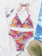 European And American New Style Bikini Swimsuit Cross-Border Amazon Lace-Up Backless Sexy Floral Beach Bikini For Women