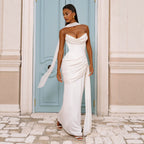 Women's Solid-color Strapless Pleated Maxi Bodycon Dress