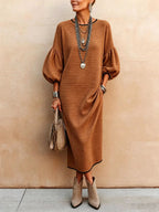 Womens Knitted Mid-Length Dress With Bubble Sleeves