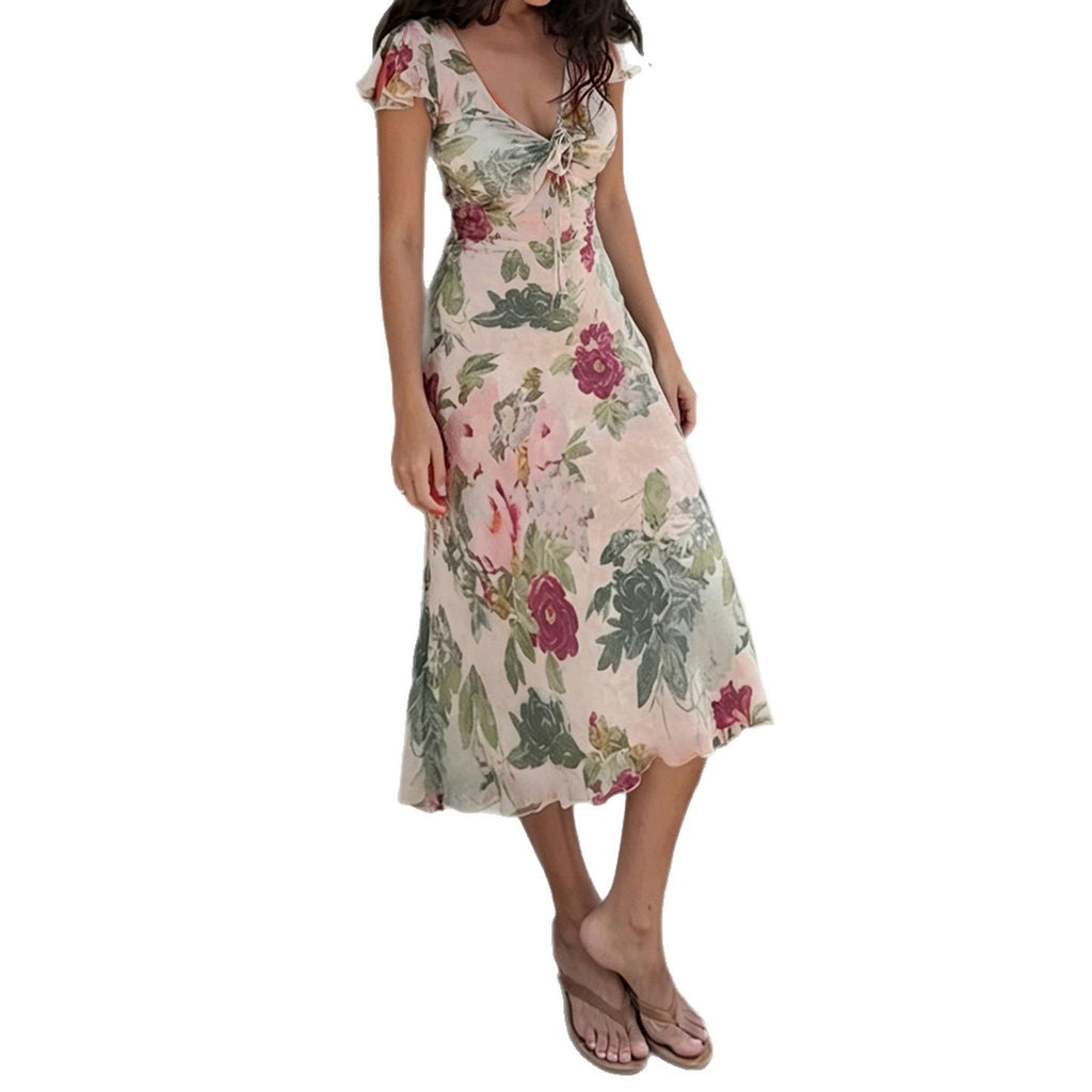 Floral Ruffled V-Neck Mesh Dress Resort