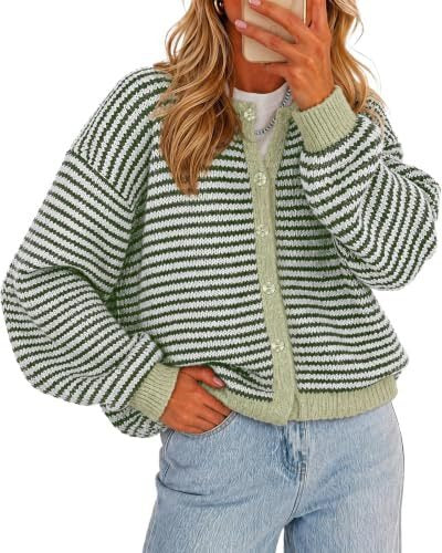 Hot Selling Women's Fall Winter Casual Striped Button Cardigan Knit Sweater Top