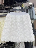White High-waisted Three-dimensional Rose-decorated Feminine Skirt