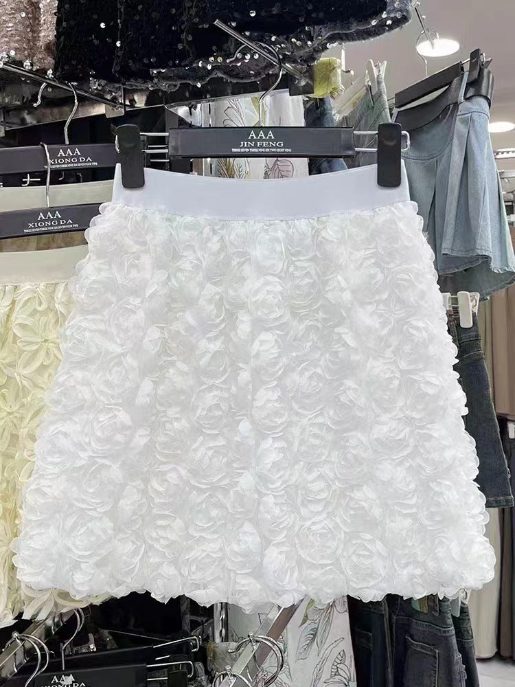 White High-waisted Three-dimensional Rose-decorated Feminine Skirt