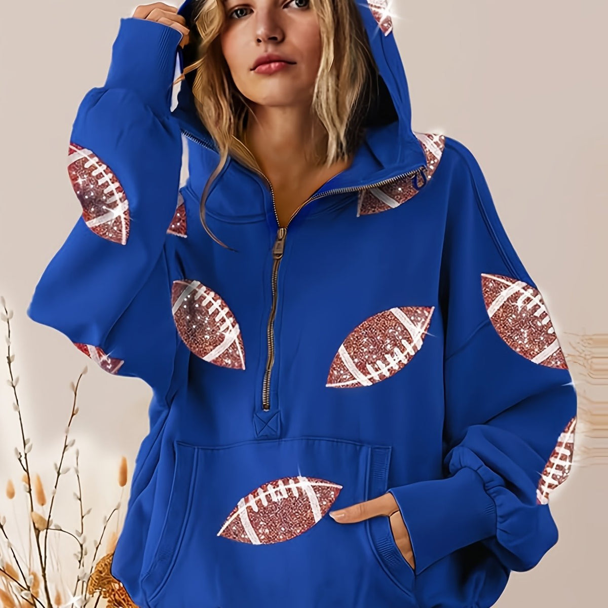 Women Half Zip Hoodie, Glitter Football Print Oversized Hooded Sweatshirt With Kangaroo Pocket