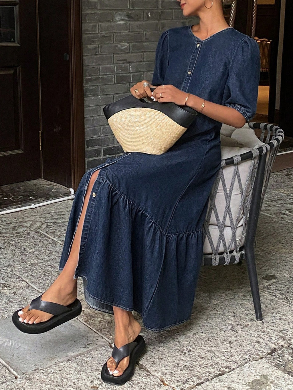 Button-ront Puff Sleeve Ruffle Hem Denim Midi Dress