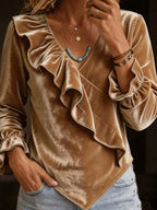 Womens Velvet V-neck Ruffled Top