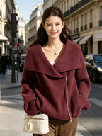 Women's Lapel Double-Zipper Knit Cardigan, New Arrival For Autumn And Winter, Loose Casual Lazy-Style Sweater Coat For Women