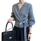 French-style Vintage Collar Lace-up Loose-fitting Knit Cardigan For Outerwear