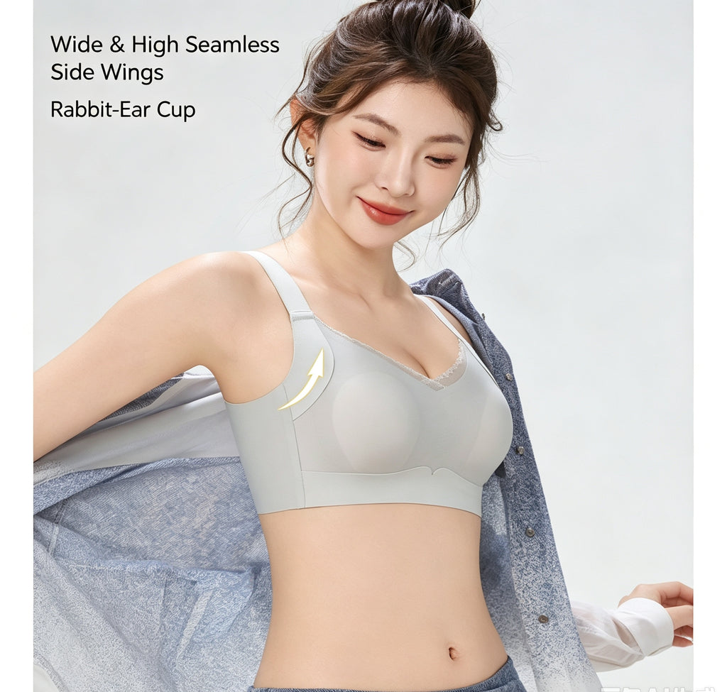 8649Seamless Rabbit-Ear Lifting Bra M-3XL Fixed Inner Cups 3D Lift Cup V-Neck Lace 4-Row Hooks