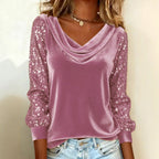 New European And American Cross-Border Fashion Women's Velvet Stacked Collar Sequin Patchwork Long-Sleeve T-Shirt Top