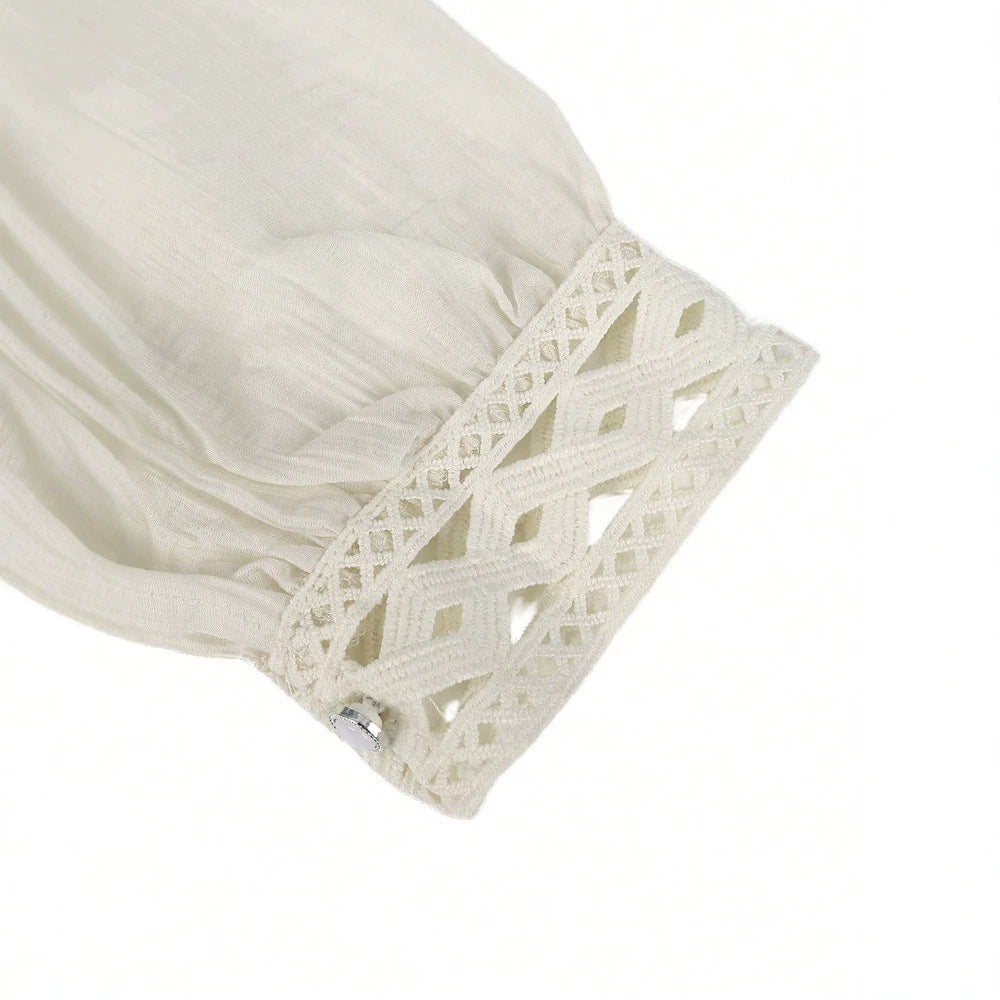 Womens One-shoulder Waist-cinching Lace-panel Long-sleeve Top With Tie Detailing