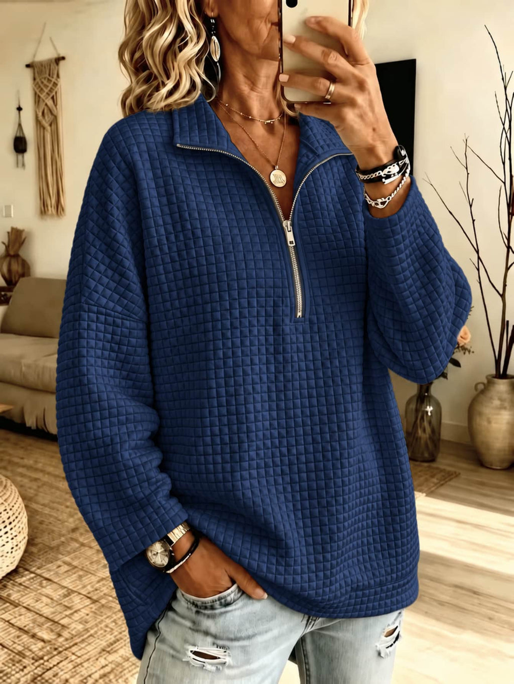 Waffle Zipper Long Sleeved Shirt
