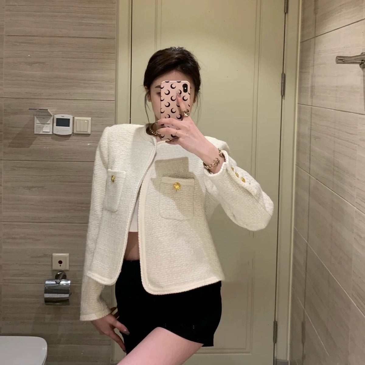 Elegant And Versatile French-style Cable-knit Jacket With Gold Buttons