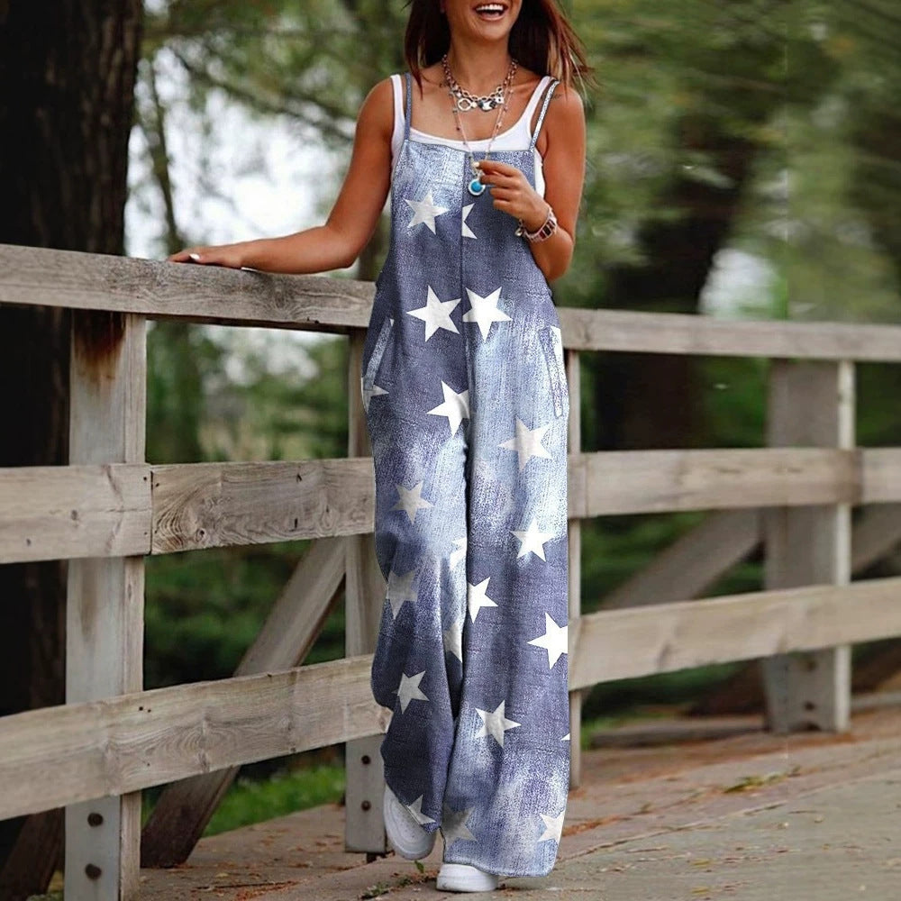 Fashion Women's Printed Crossbody Pocket Wide-Leg Jumpsuit