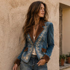 Notch-collar Suede Patchwork Floral-print Blazer
