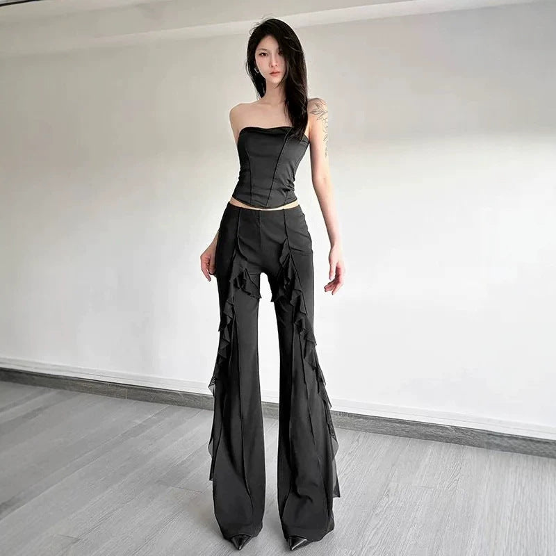 Versatile Solid-color High-waisted Flared Trousers With Flowing Lines Delicate Lace Detailing