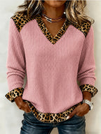 Womens Long-Sleeved Leopard-Print Patchwork V-Neck Knit Sweater
