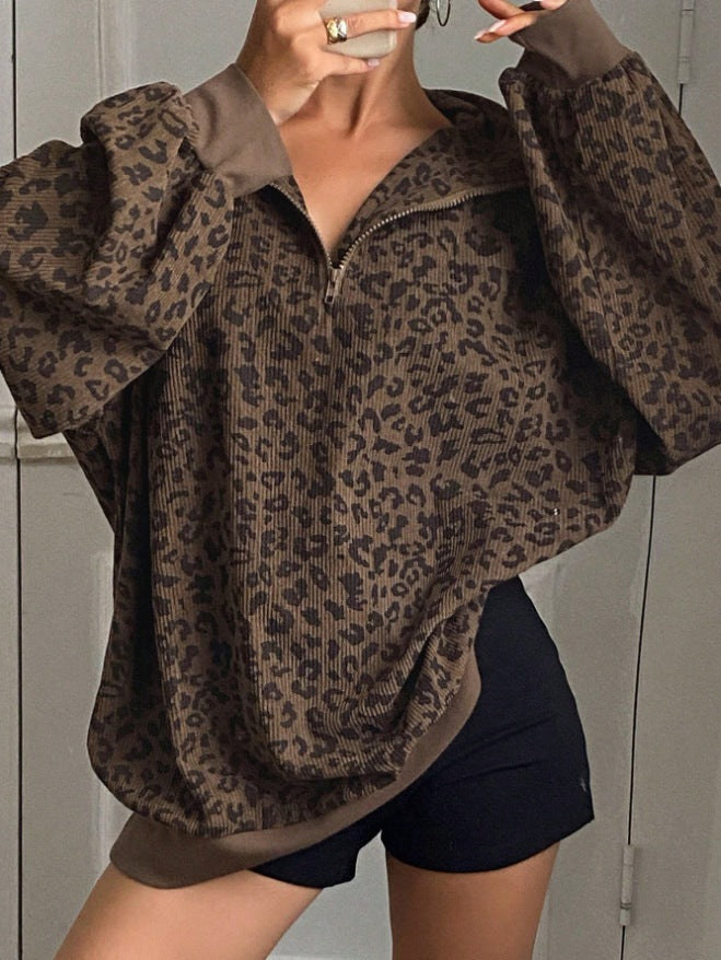 Women's Casual Corduroy Hoodie With Leopard Print Pattern